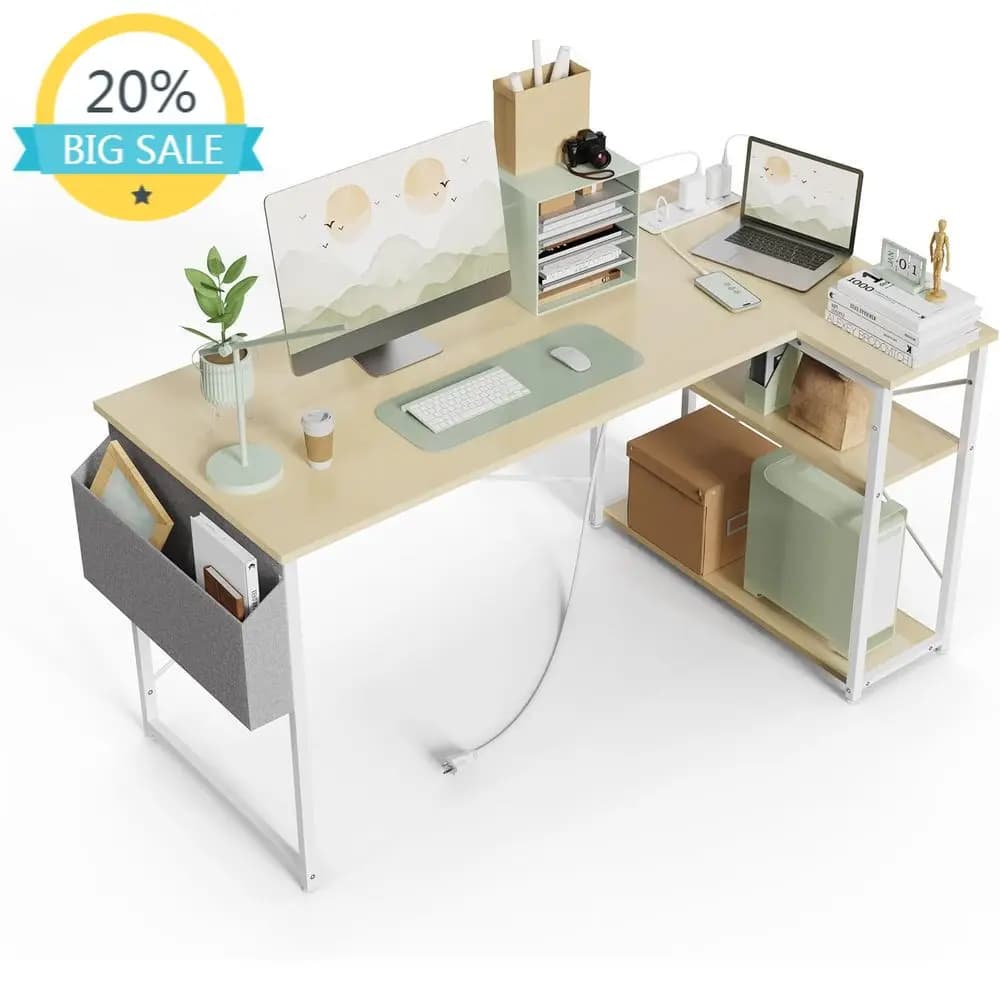 Scrivania a L da 40 Pollici con Prese di Corrente, Beige, Ideale per Gaming, Studio o Ufficio Domestico