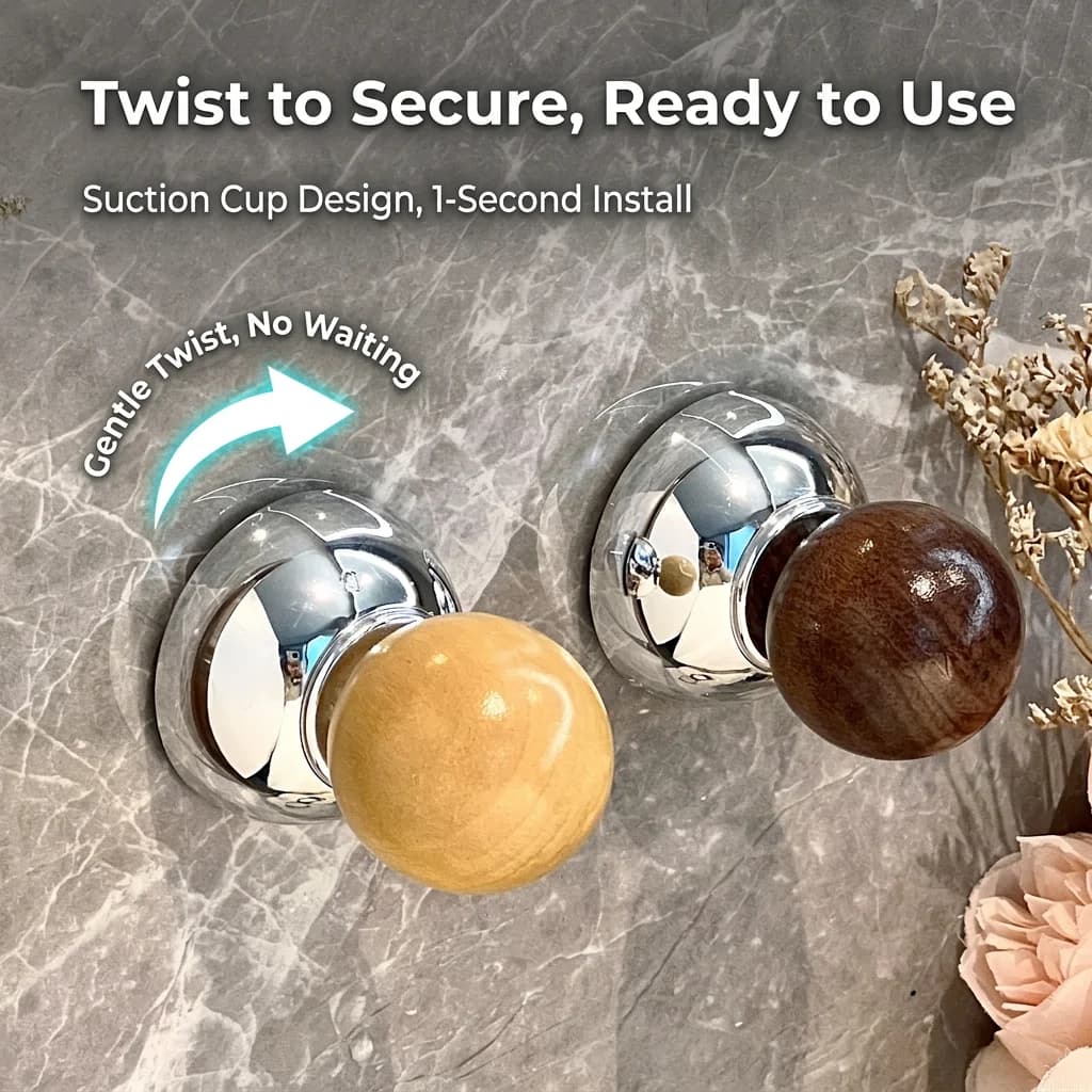 Ganci a ventosa per bagno senza foratura, rotondi in legno massello, senza tracce, rimovibili, per bagno, cucina, casa