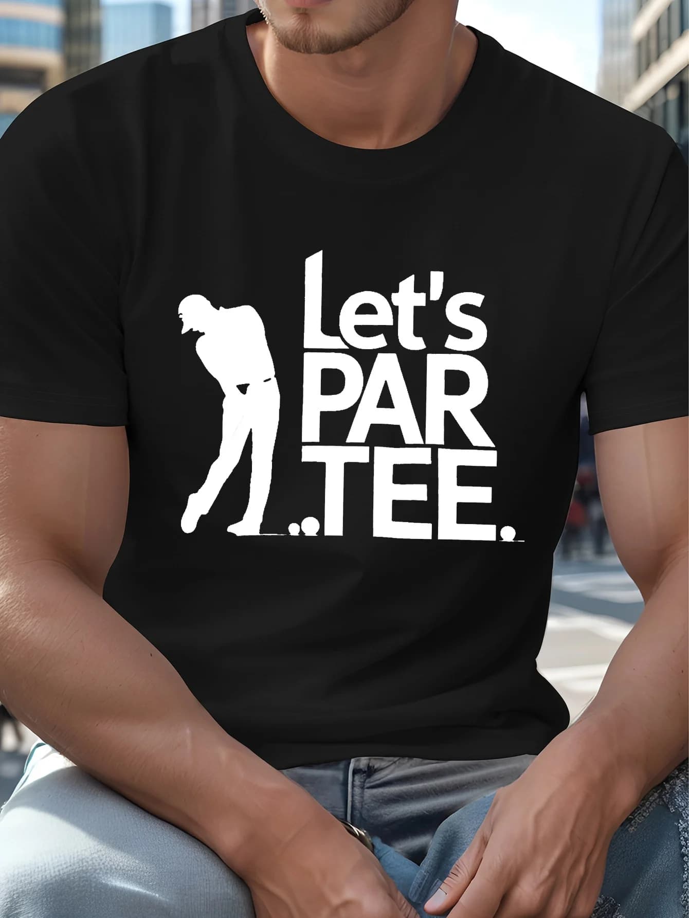 Men'S Plus Size Golf T-Shirt - Breathable Crew Neck with Slight Stretch, All-Season Comfort Fit - Funny 'Let'S PAR TEE' Graphic Print & Golfer Silhouettes - Casual Sportswear for Golf Outings & Casual Attire - H-Box Fit Short Sleeve Tee for Adults