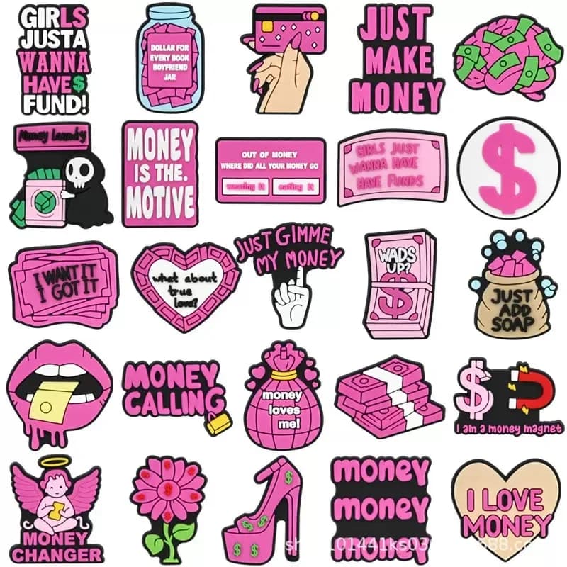 25Pcs Pink Money Changer Have Fund PVC Shoe Charms Hole Slipper Decoration Sandals Garden Shoes Accessories Women Party Gift