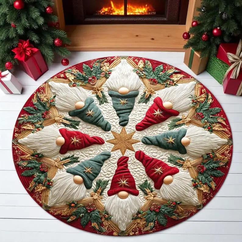 Zerbino rotondo con gnomo natalizio, tappetino natalizio nordico, tappeto invernale festivo, tappeto natalizio scandinavo per soggiorno