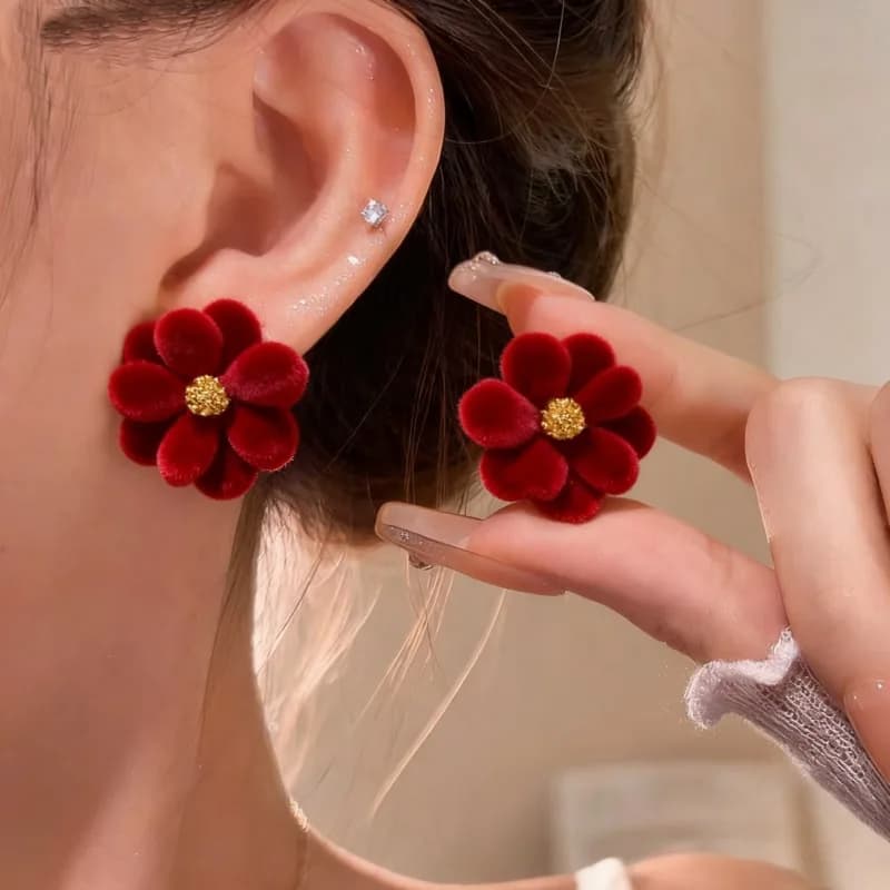Orecchini da donna in argento 925 con fiore rosso floccato, stile coreano, gioielli di lusso di tendenza 2026, orecchini neri da donna M3