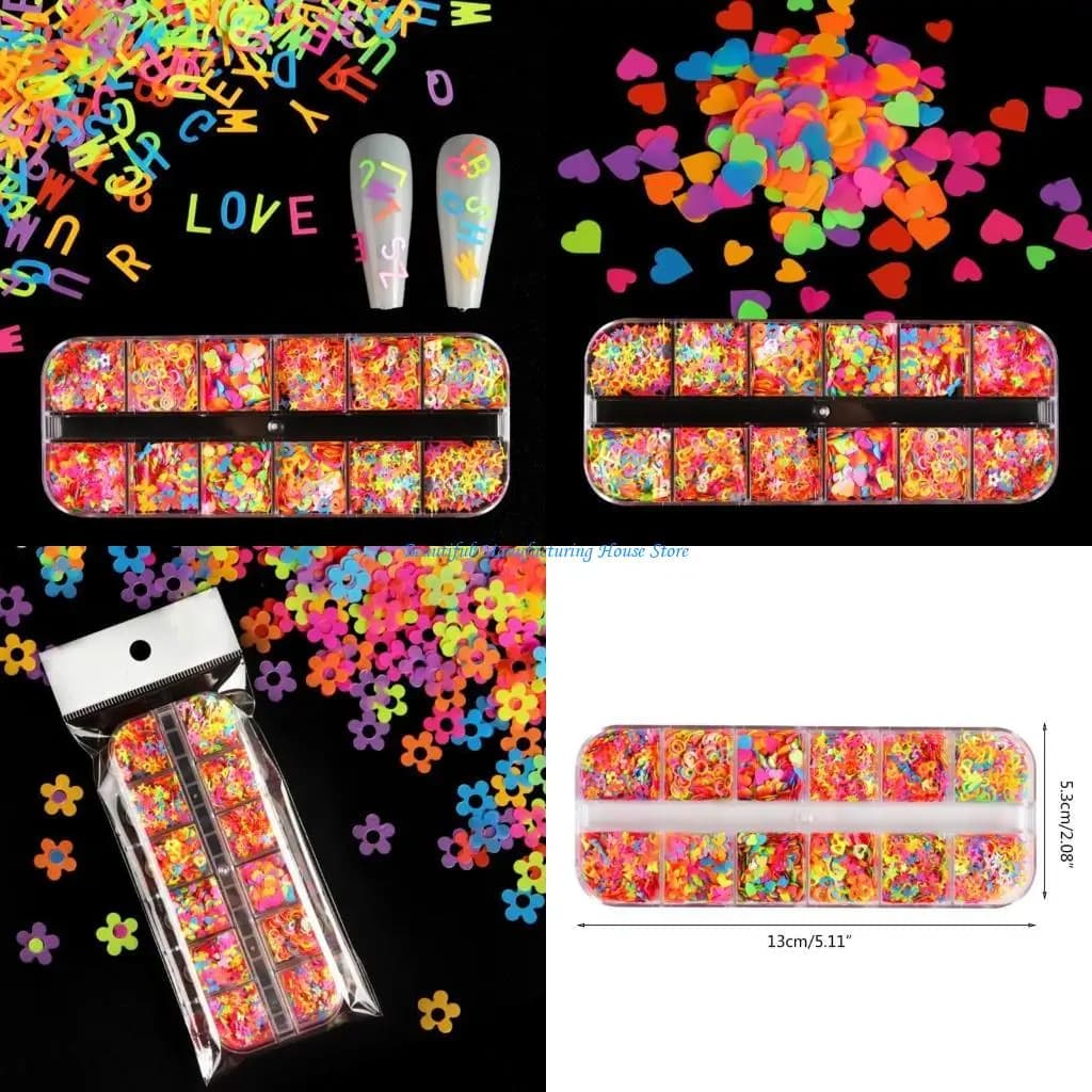 E56A 12 griglie/scatola Stelle Amore Cuore Numeri Mix inglese Fluorescenza PET Glitter Fiocchi