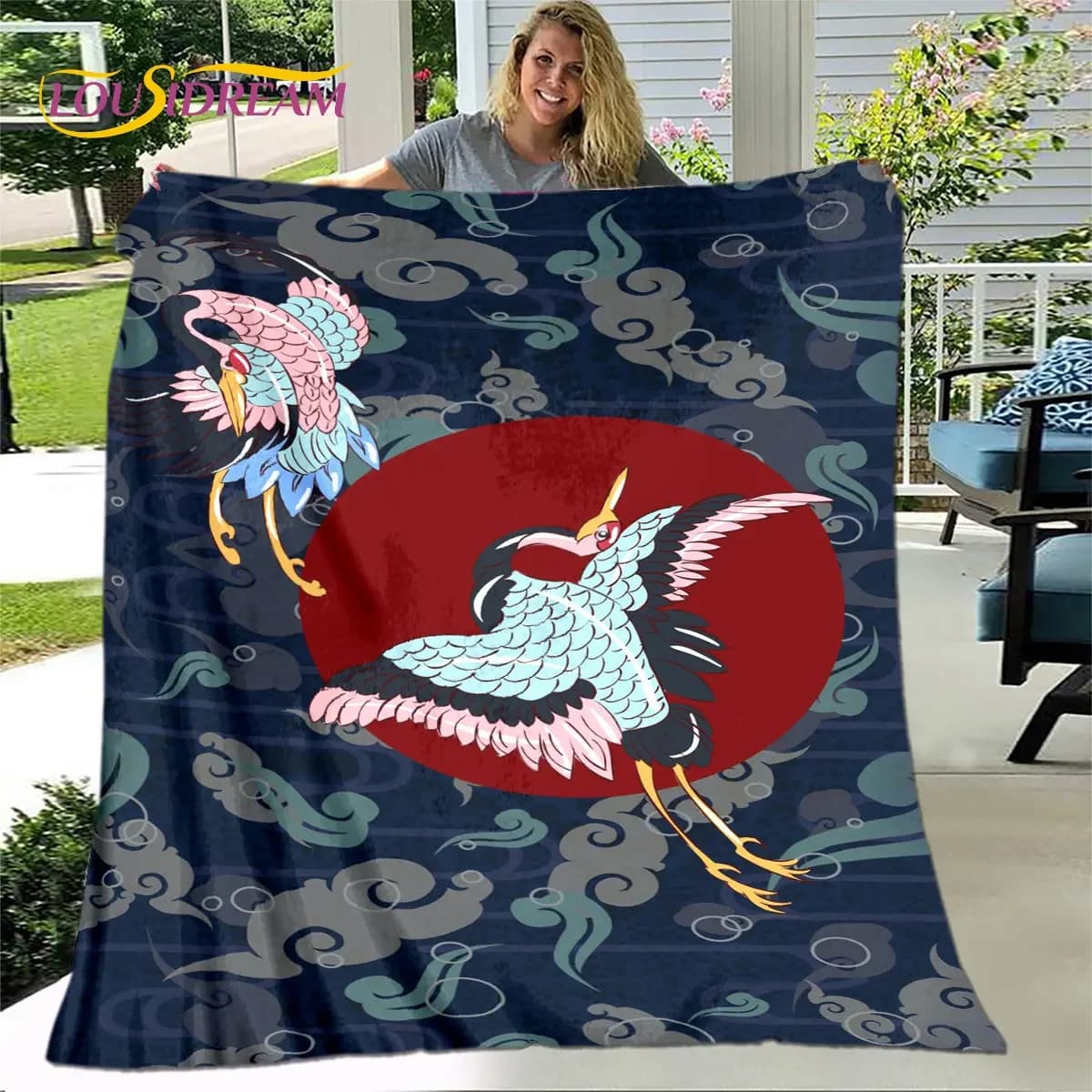 Coperta 3D con gru cinesi classiche, coperta in flanella, coperta calda per casa, soggiorno, camera da letto, divano, picnic, bambini
