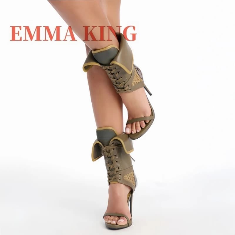 Green Fold Over Ankle High Sandals Women Cutout Mesh Stiletto Heels, Lace Up Open Toe Strap Boot Sandals,Fashion Designer Shoes