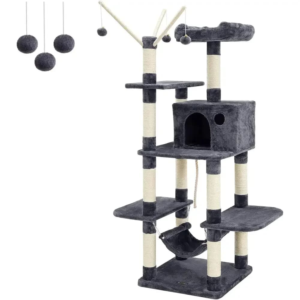 XXL ClimTree Cat Tree with Hammock, Cave, Sisal, 154 cm, Smoke Grey Beige Light Grey, 15600 g