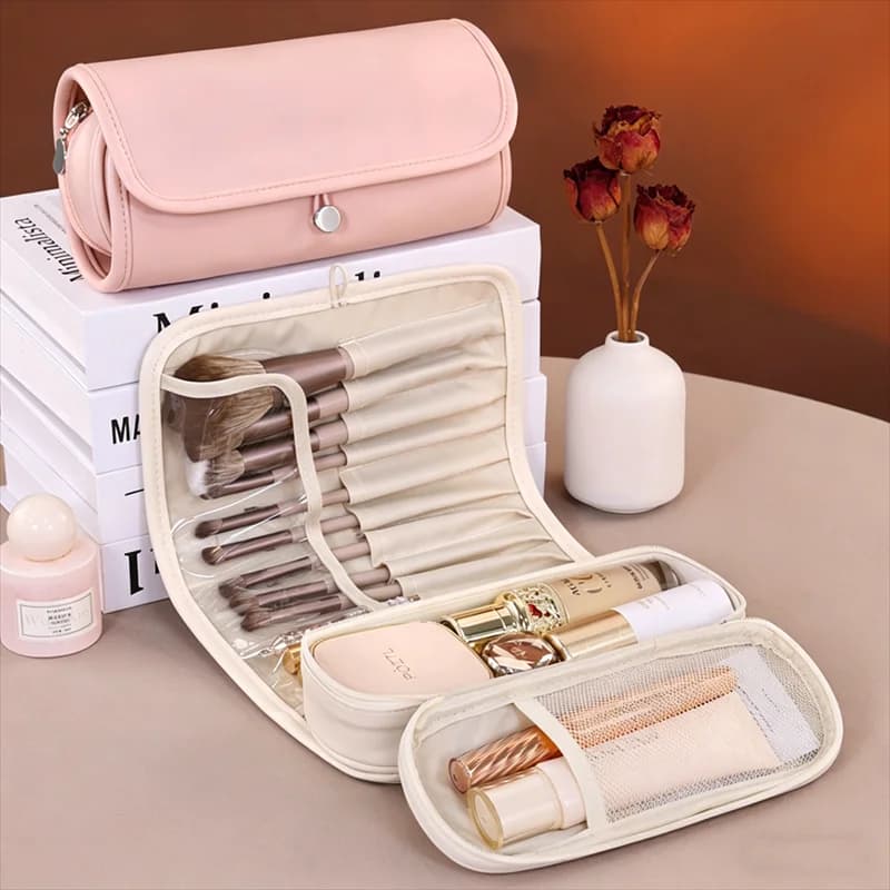 Borsa Pieghevole per Pennelli da Trucco, Beauty Case da Viaggio Portatile con Scomparto Separato per Pennelli e Prodotti Skincare, Porta Spazzolino