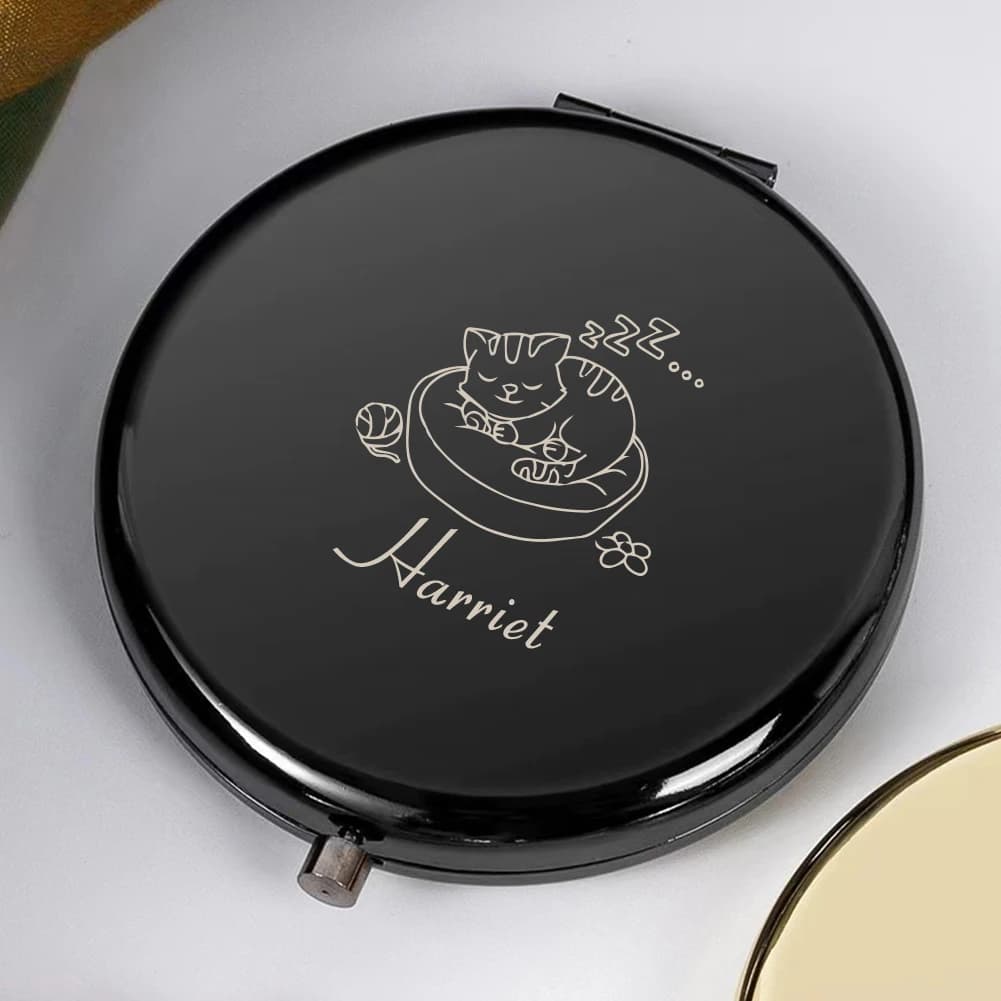 1 pezzo Specchietto tascabile rotondo personalizzato con nome, a forma di gatto tabby addormentato, regalo di compleanno