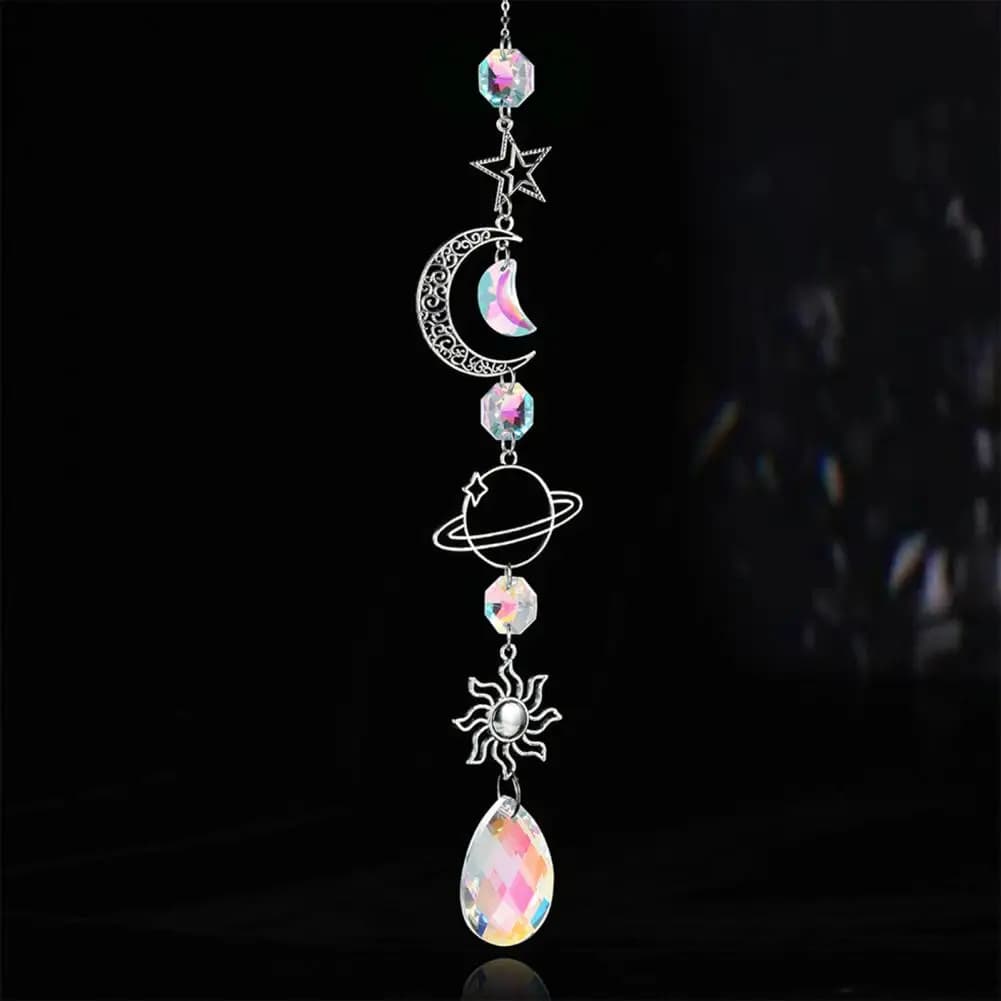Chime Silver Wind Chime Suncatcher Star Moon Sun Hanging Ornament Light Catcher Prism Decoration for Window Patio Kids Room Star