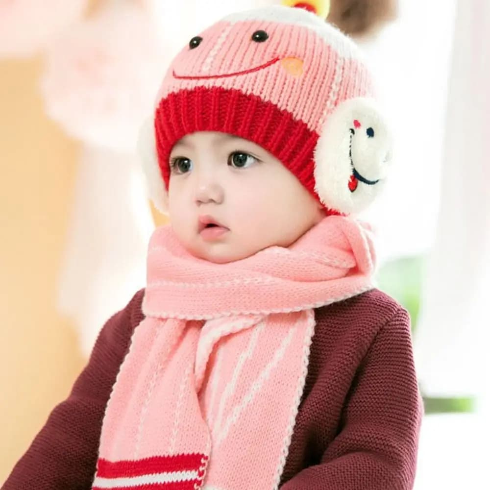 Set di sciarpe per cappelli per bambini con pupazzo di neve di cartone animato Set da 2 pezzi Protezione per le orecchie Berretti a cuffia caldi Scaldacollo Cappello a cuffia Sciarpa