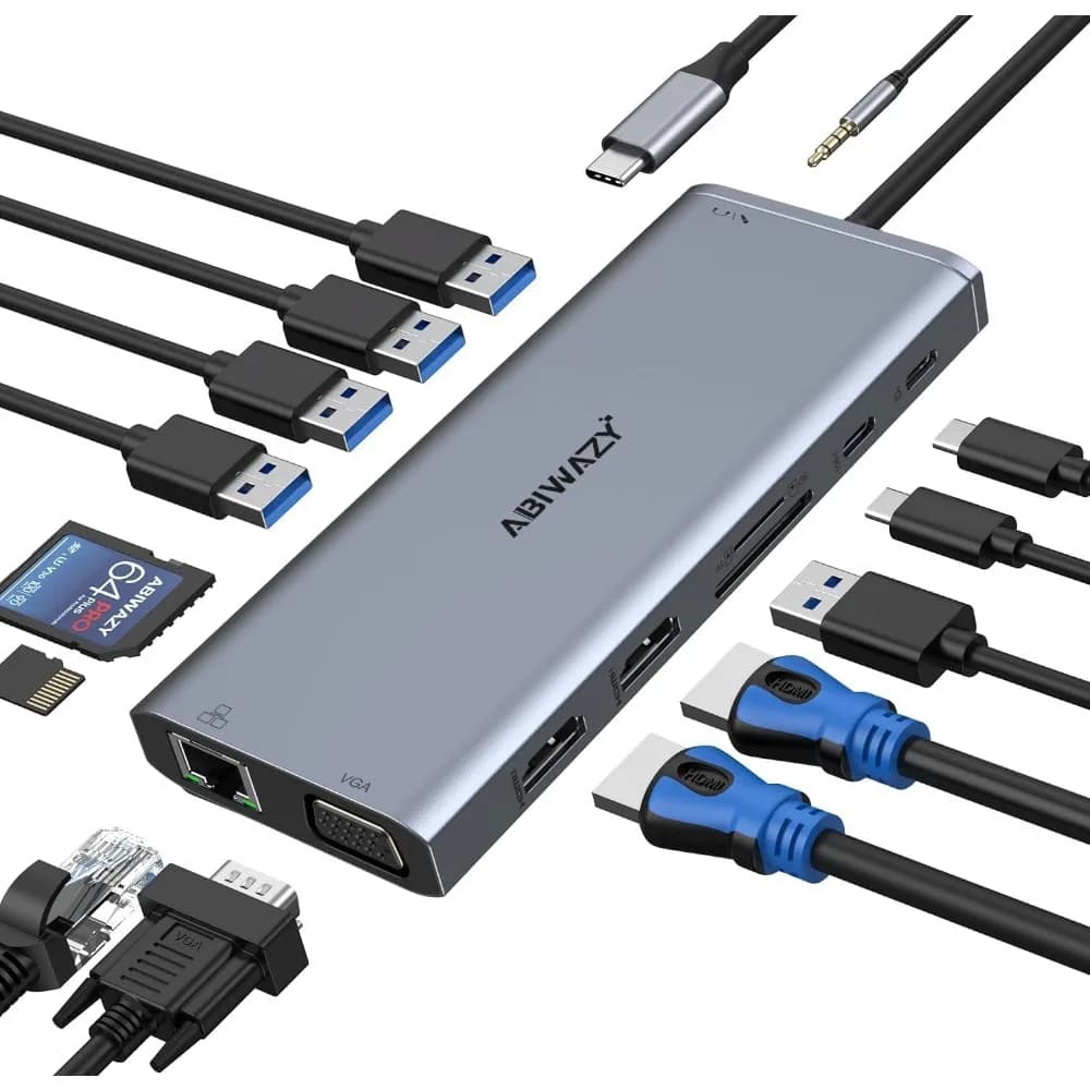 Docking station USB-C 14 in 1 con doppio caricatore 4K HDMI, VGA, PD da 100 W, Ethernet e lettore di schede