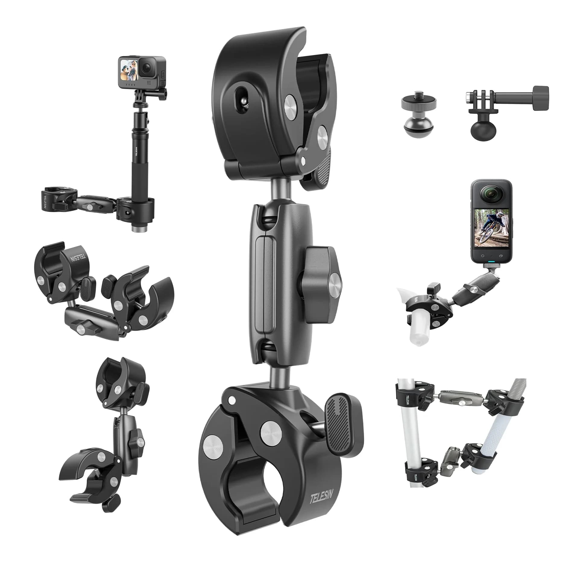 TELESIN 360 ° Accessori per supporto per selfie stick per manubrio per moto da bicicletta con morsetto a doppia sfera per GoPro 12 11 10 Insta360 DJI