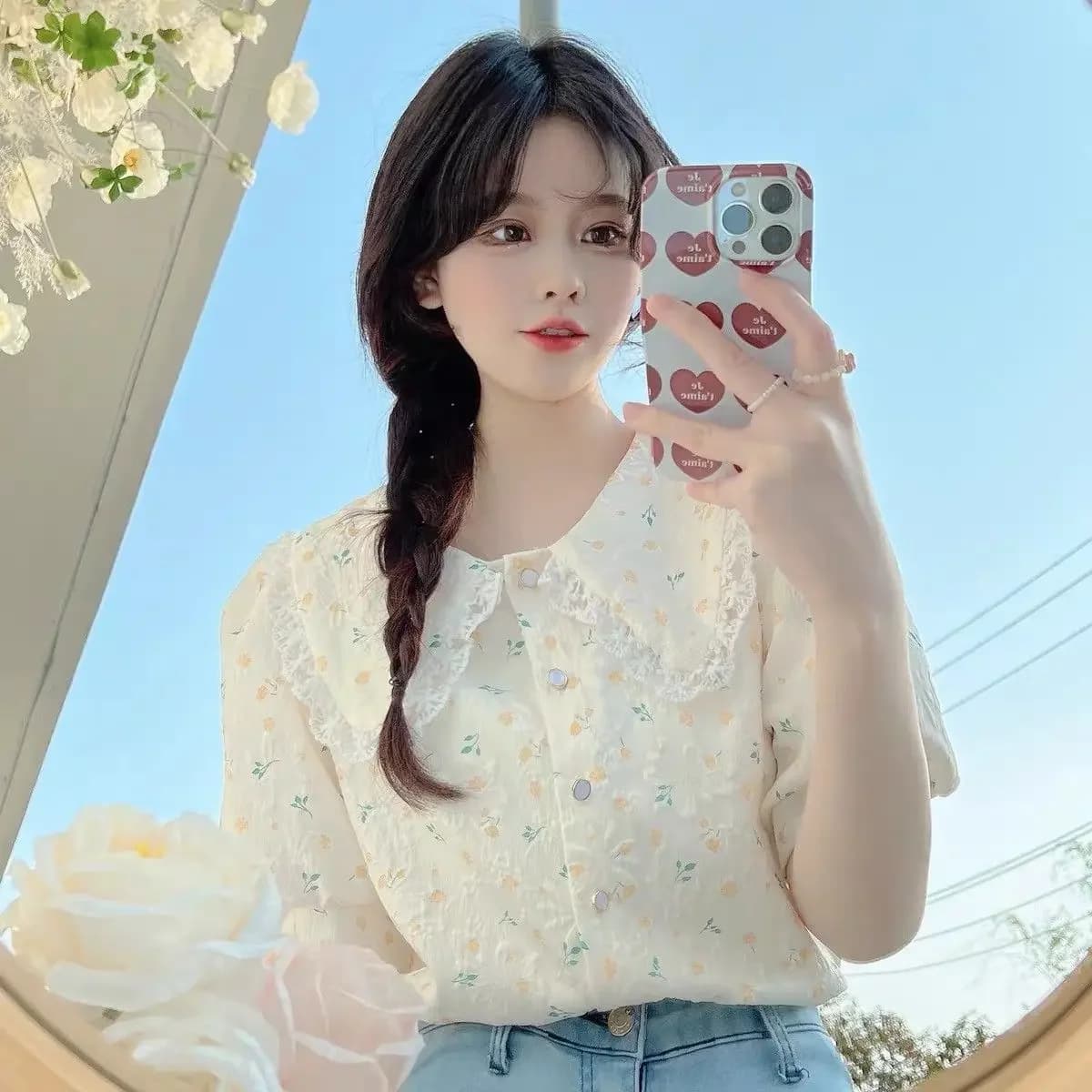 Camicia e camicetta da donna Abiti floreali Top stampati per colletto da donna Carino ed elegante con maniche a sbuffo Vendita di Corea alla moda SS