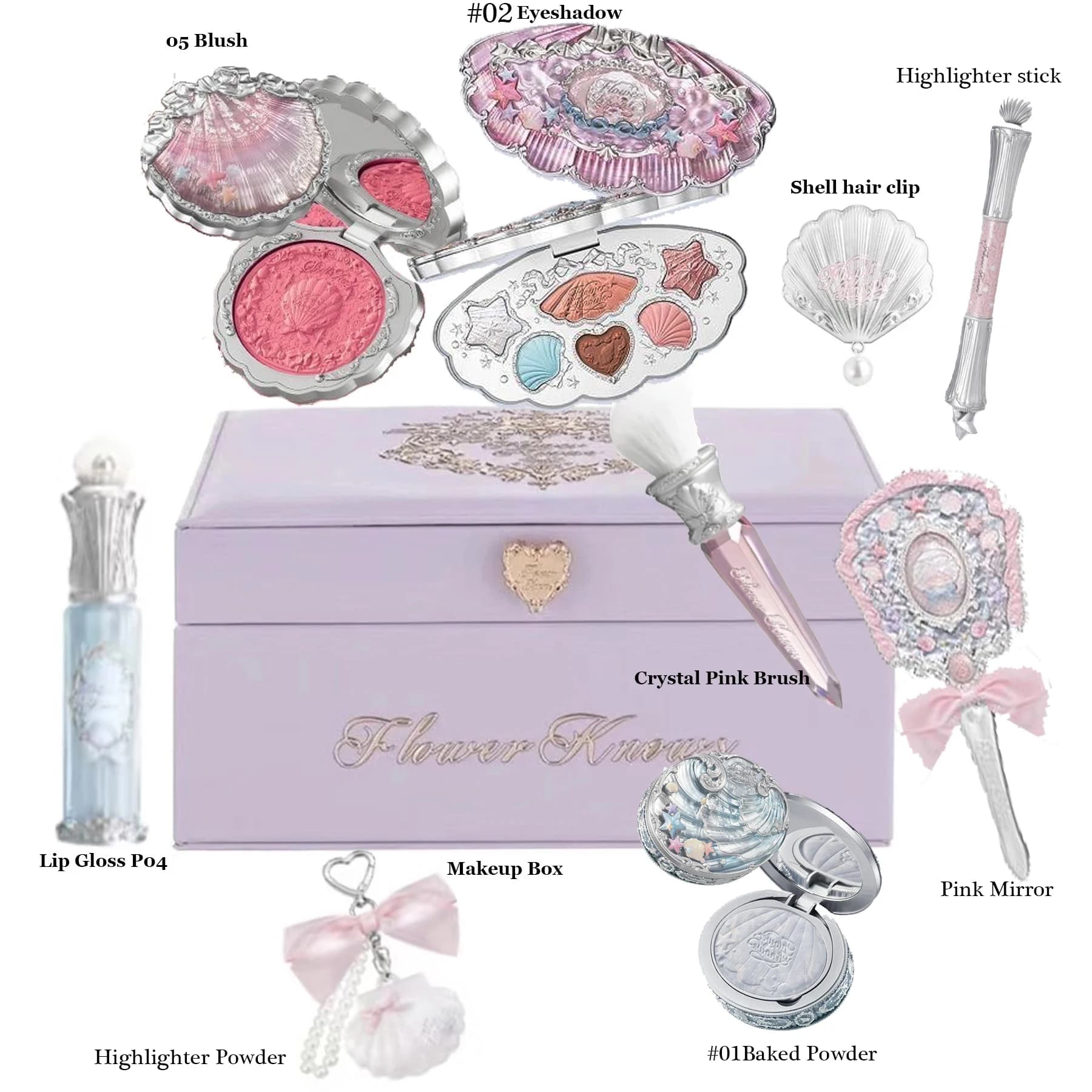 Set Regalo di Gioielli a Conchiglia Flowerknows, Kit Trucco Professionale Completo con Lucidalabbra, Illuminante, Blush, Cipria Compatta, 10 Pezzi