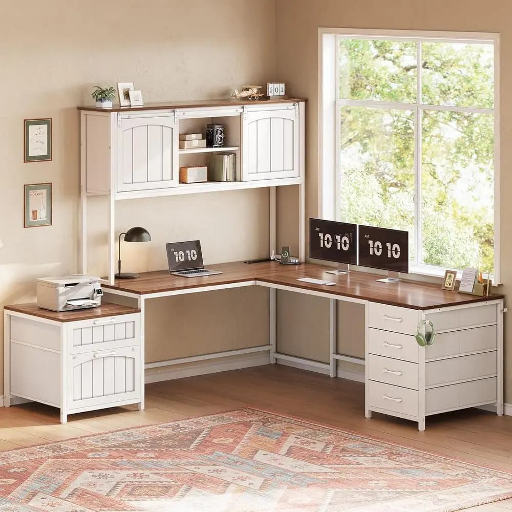 L office desk with 6 drawers, reversible, power outlet, cabinet and printer space, white