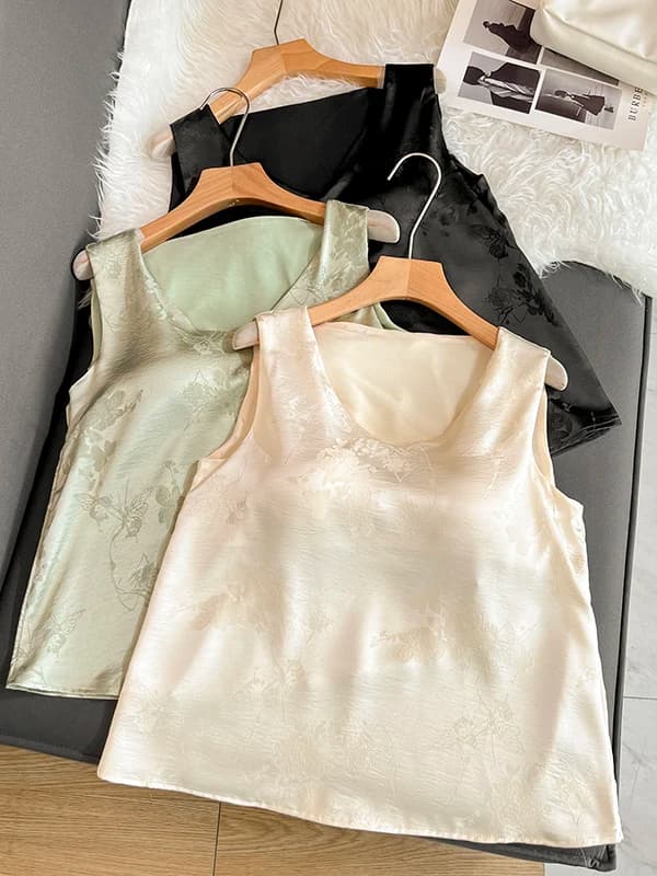 Summer New Style Satin Embroidered Vest Thin Comfortable National Style Women's Underwear round Neck H-Shape Tank Top Breathable