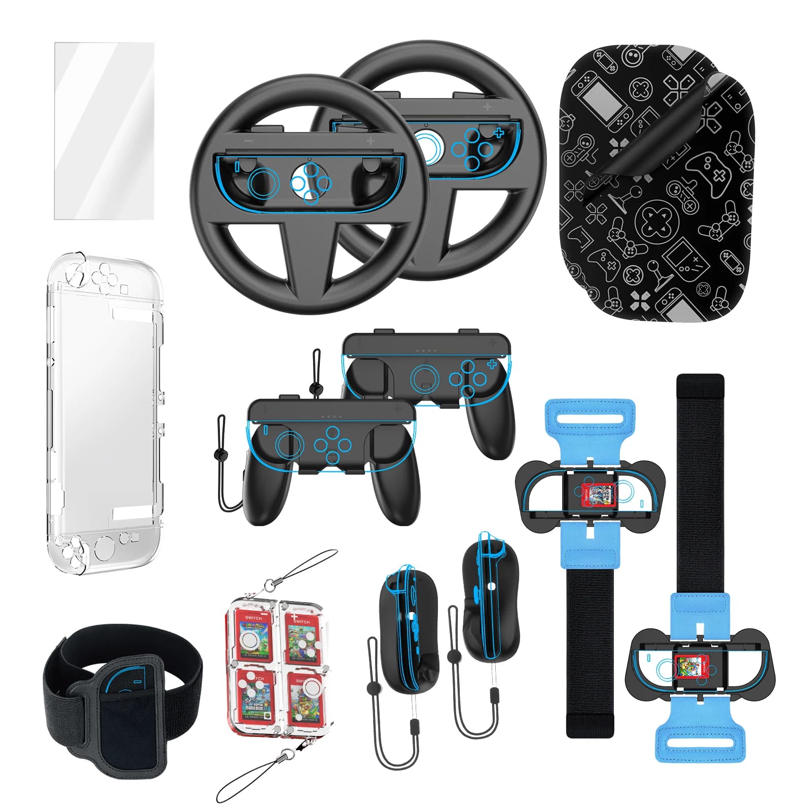 Set di accessori sportivi 14 in 1 per console Switch 2 e Joy-con, pacchetto di giochi sportivi per famiglie con volante, custodia in cristallo, temperato