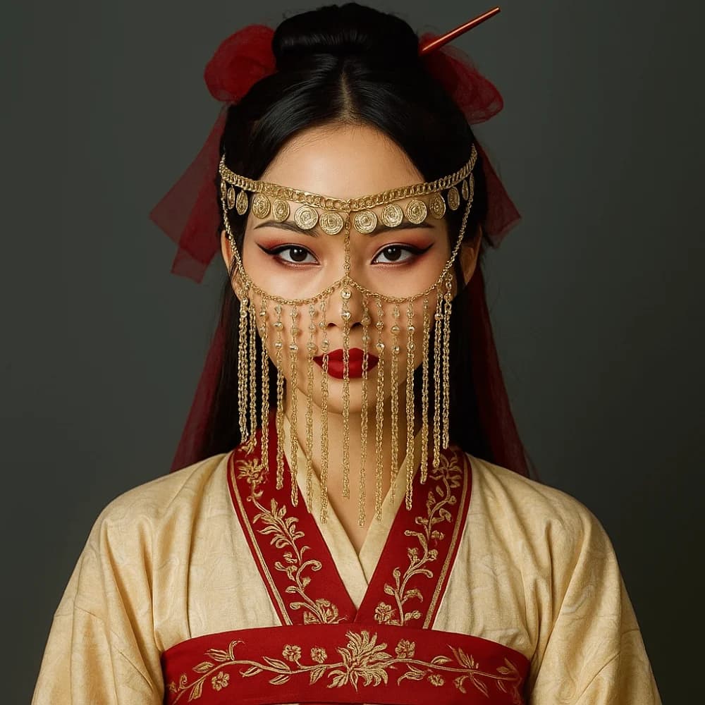 Lussuoso Velo per Danza del Ventre con Campanelle e Strass, Catena per la Testa Dorata, Fascia per Capelli Cosplay, Copricapo, Maschera per Mascherata, Regalo