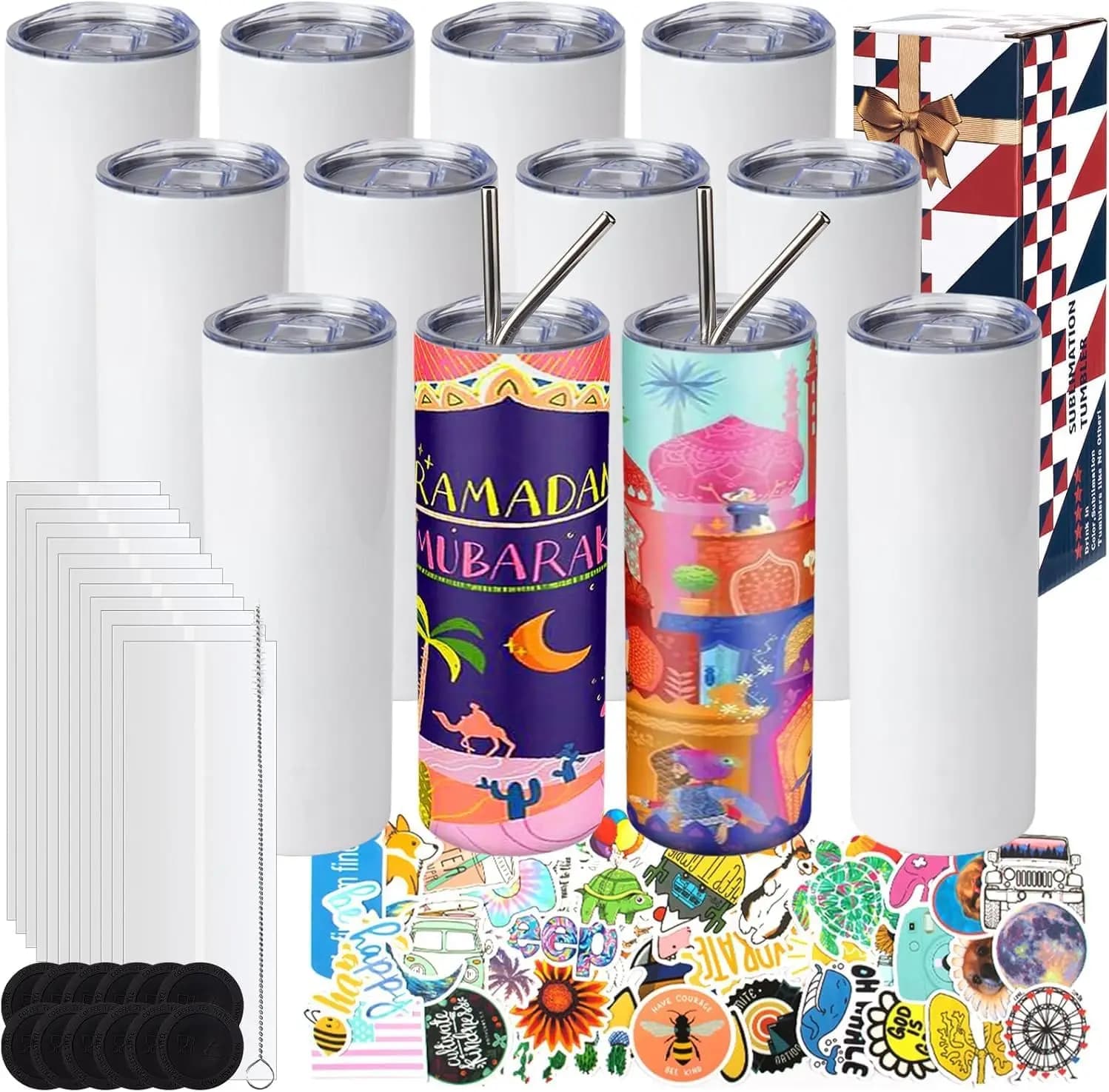Set di 12 Tumbler da 20 oz per Sublimazione: Acciaio Inossidabile a Doppia Parete, Vuoti per Trasferimento Termico, Include Coperchio e Cannuccia