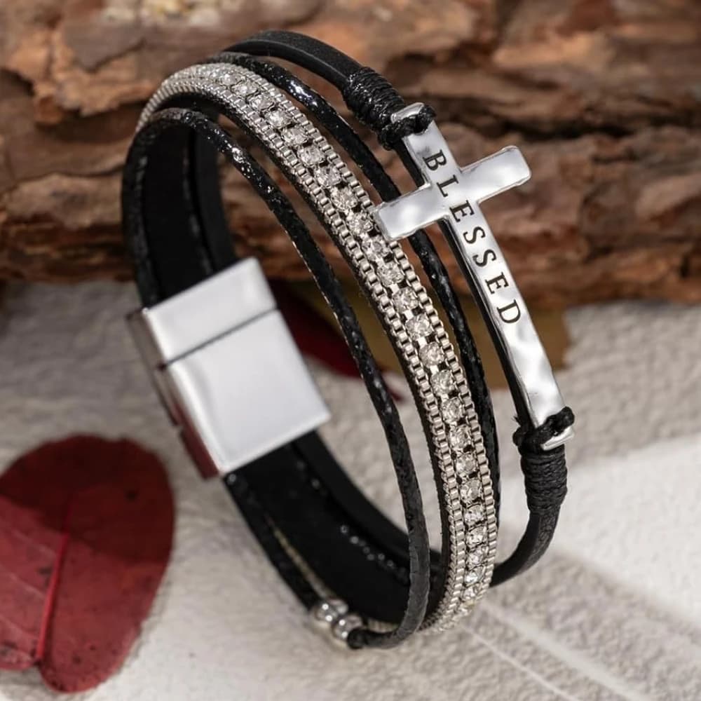 BLESSED Cross Crystals Leather Bracelets Handmade Bohemian Style Women Light Luxury Fashion Bracelet Jewelry Girl Christmas Gift