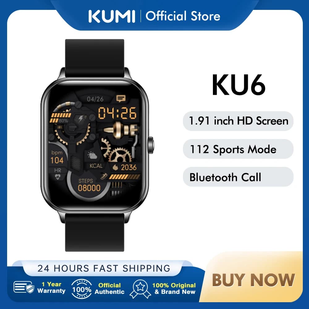 KUMI KU6 Smartwatch 1.91" con Chiamata Bluetooth, NFC, Impermeabile IP68, Monitoraggio Frequenza Cardiaca per 100+ Sport, Batteria 300mAh, Fitness Uomo Donna