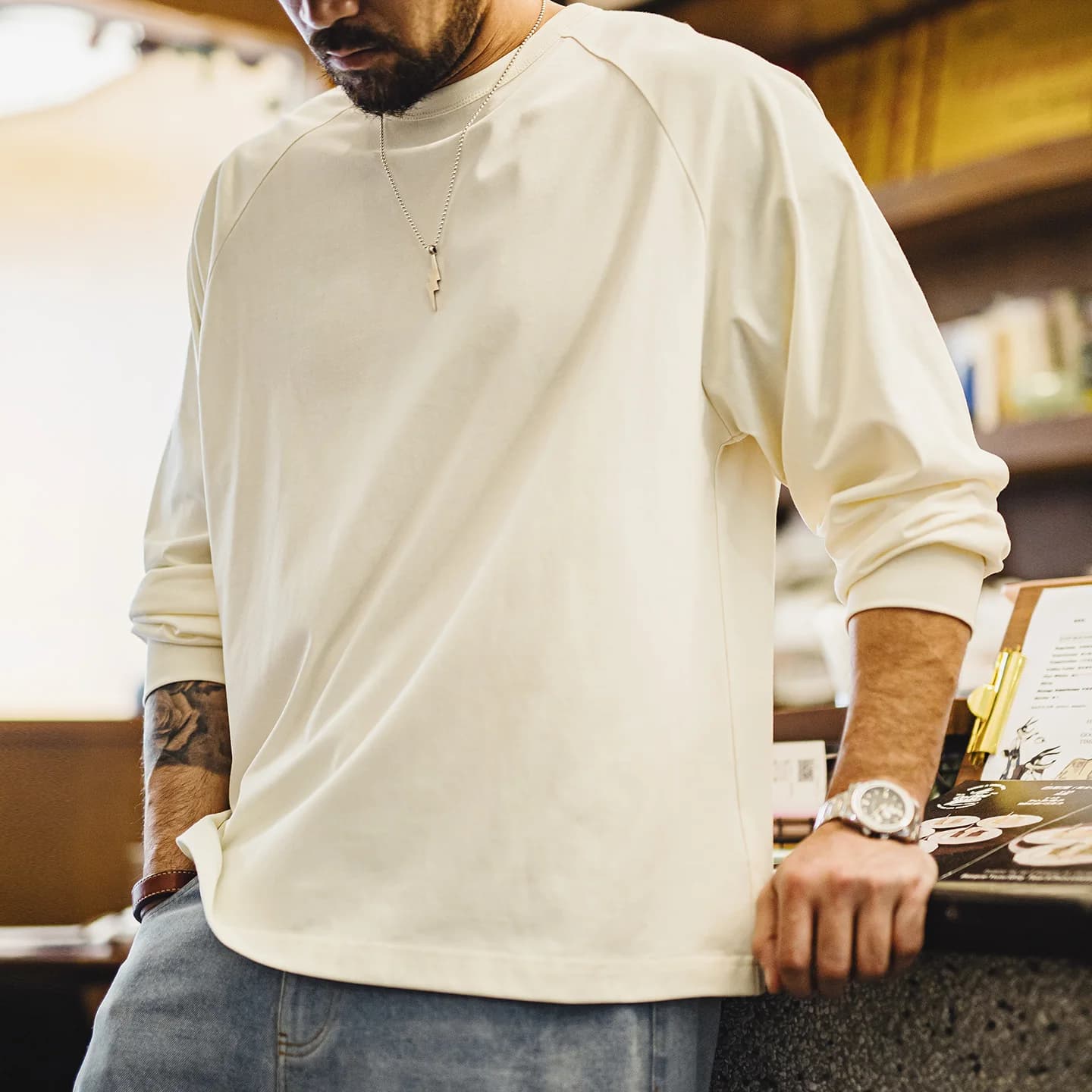 MADEN Men's White Long Sleeve T-Shirt Solid Color Base Layer Undershirt High Quality Basic Essential Loose Casual Fall Mens Tops
