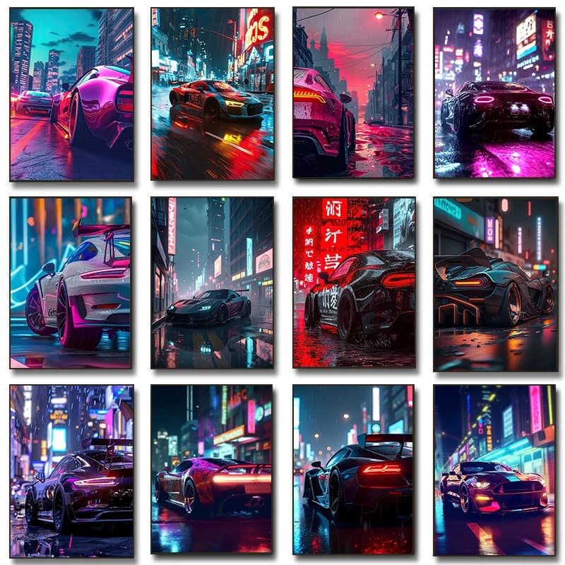 Poster di Auto Sportiva High-Tech, Stampa su Tela con Illuminazione LED, Decorazione Murale per Casa e Camera da Uomo