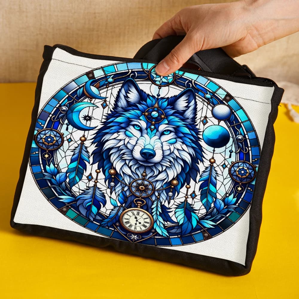 Stained Glass Wolf Dreamcatcher Crossbody Bag White Blue Wolf And Moon Pattern Shoulder Bags For Women Men Outdoor Travel Daily