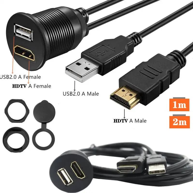 USB3.0/2.0+HDMI compatible HD male-female waterproof line for cars, motorcycles, ships instrument panels with brackets