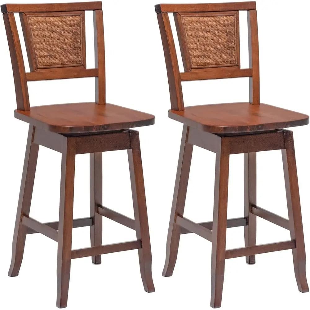 Set di 2 Sgabelli da Bar Girevoli con Schienale in Rattan, Altezza 24.5, con Comodi Poggiapiedi per Isola Cucina o Sala da Pranzo