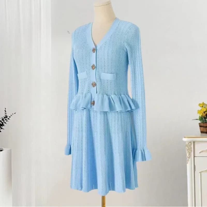 Nuovo Vestito da Donna Primavera Autunno 2026, Slim Elasticizzato a Mezza Lunghezza, Scollo a V, Maniche Lunghe, in Maglia, con Gonna a Vita Stretta