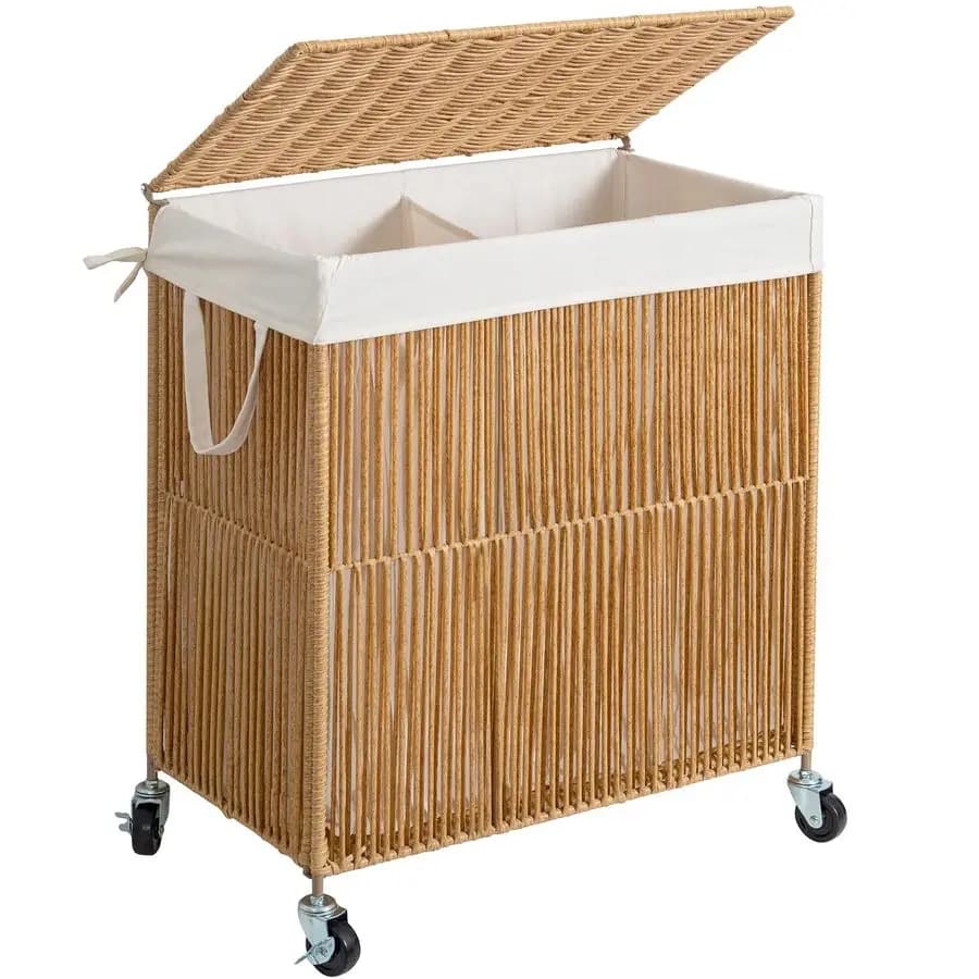 Cesto Portabiancheria con Ruote, Cesto Portabiancheria Intrecciato a Mano con Coperchio, Cesto Portabiancheria con Fodera Rimovibile Divisa, 115L Grande