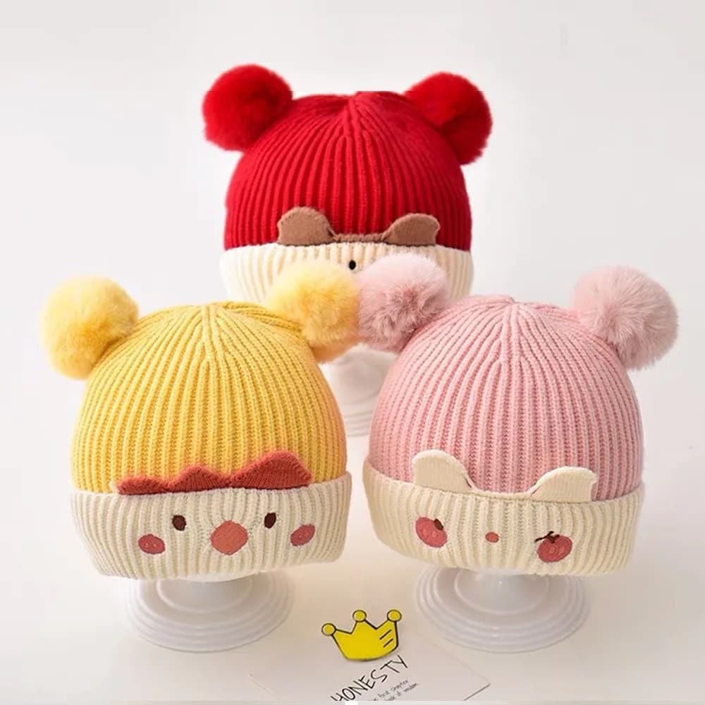 Fashion Cute Double Pompom Beanie Bonnet Windproof Thicken Pullover Hat Warm Cold Proof Knitted Hat Baby