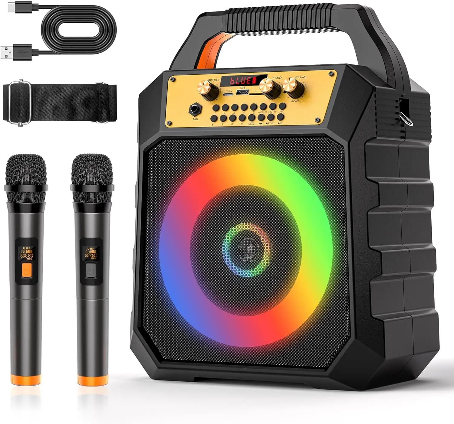 Macchina per Karaoke Portatile con 2 Microfoni Wireless, Altoparlante Bluetooth, Luci LED, TF/SD/USB/AUX/FM/REC per Feste in Casa