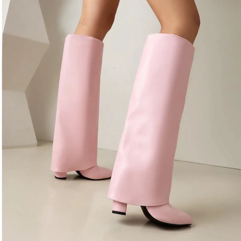 Women's Pink Ginocchio Boots, Springs and Autumns, with Closed Toe and Chunky Heel, Fashion Sexy Boots