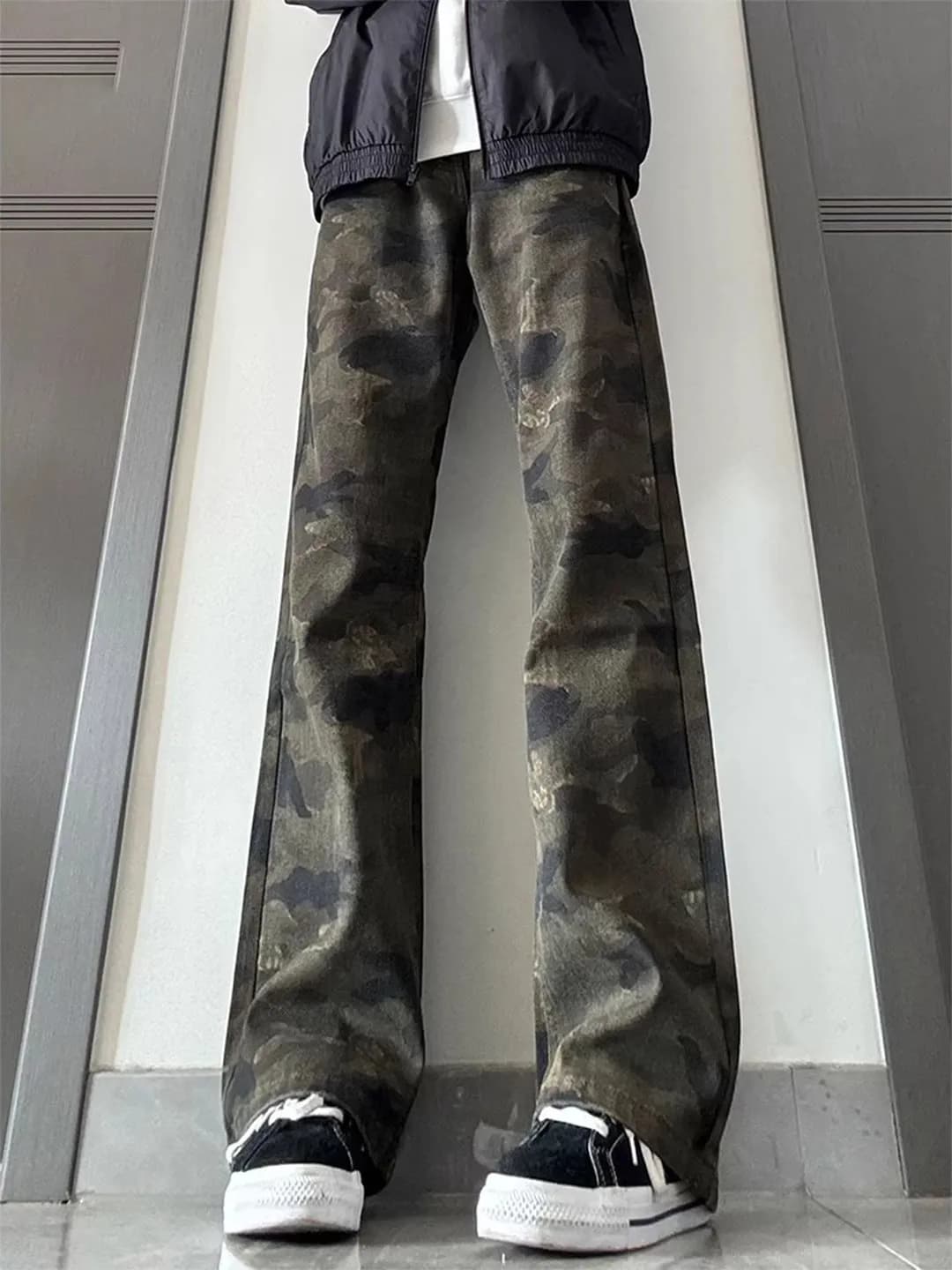 American Retro Camouflage Jeans Men's Straight Leg Workwear Trousers High Waist Bend Knife Long Pants Casual Wear All Seasons