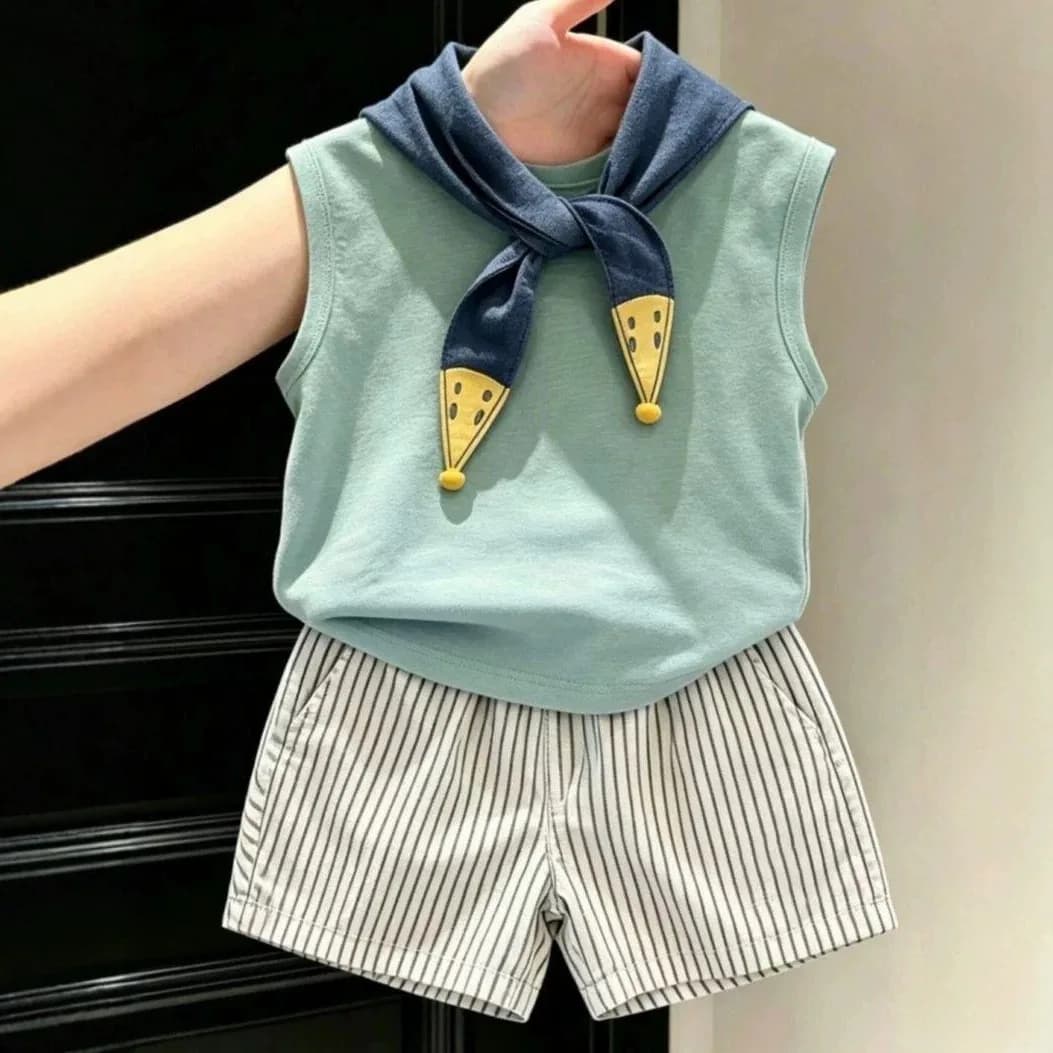 Bellbell Summer Kids Boys 2PCS Clothes Set Thin Green Baby Boys Vest 1-6Yrs Toddler Boys Striped Shorts Outfit Send Spiced Scarf