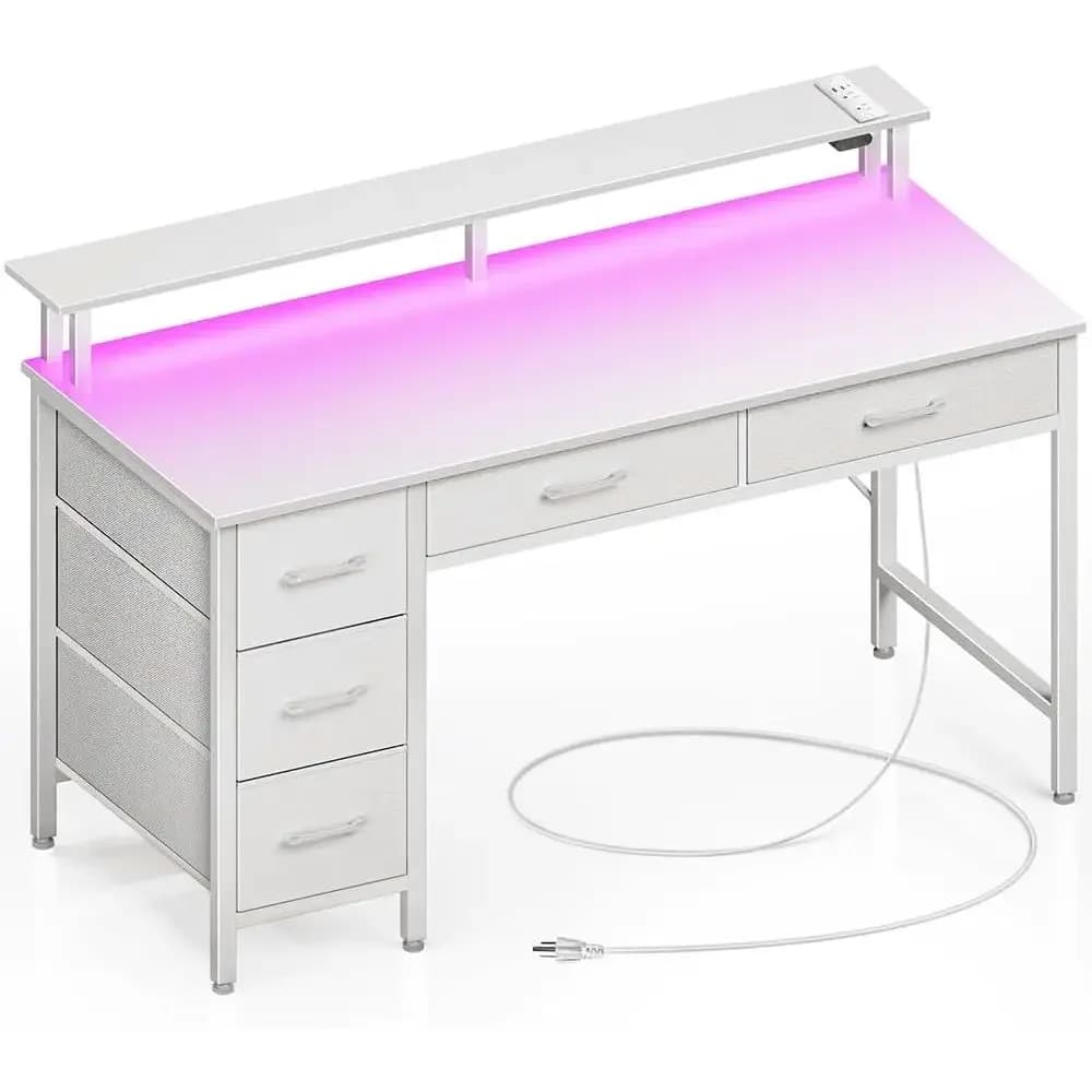 Scrivania per ufficio domestico con 47 luci a LED, 5 cassetti, supporto per monitor e prese di corrente integrate, bianca
