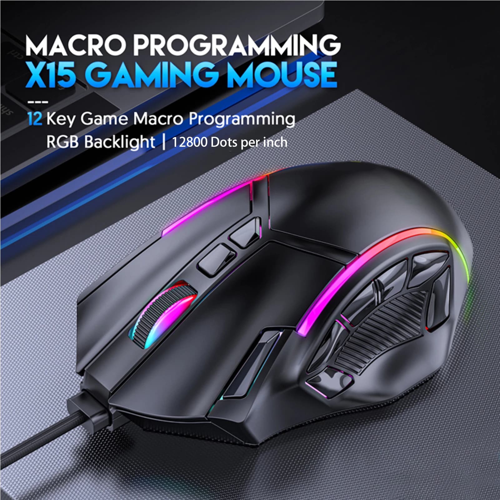 Mouse da Gaming X15 con Luci RGB, 12 Tasti Programmabili, USB Cablato per Computer e Laptop