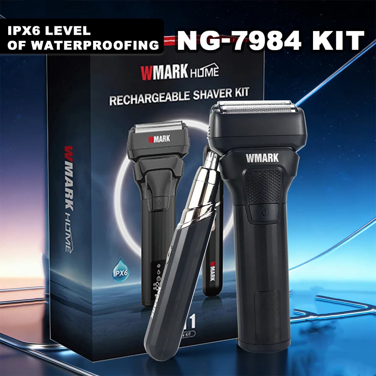 WMARK NG-7984KIT Men's Professional Rulebarba Kit 9000RPM Fully Metal IPX6 Display LED Double Lamina Wireless Electric Razor