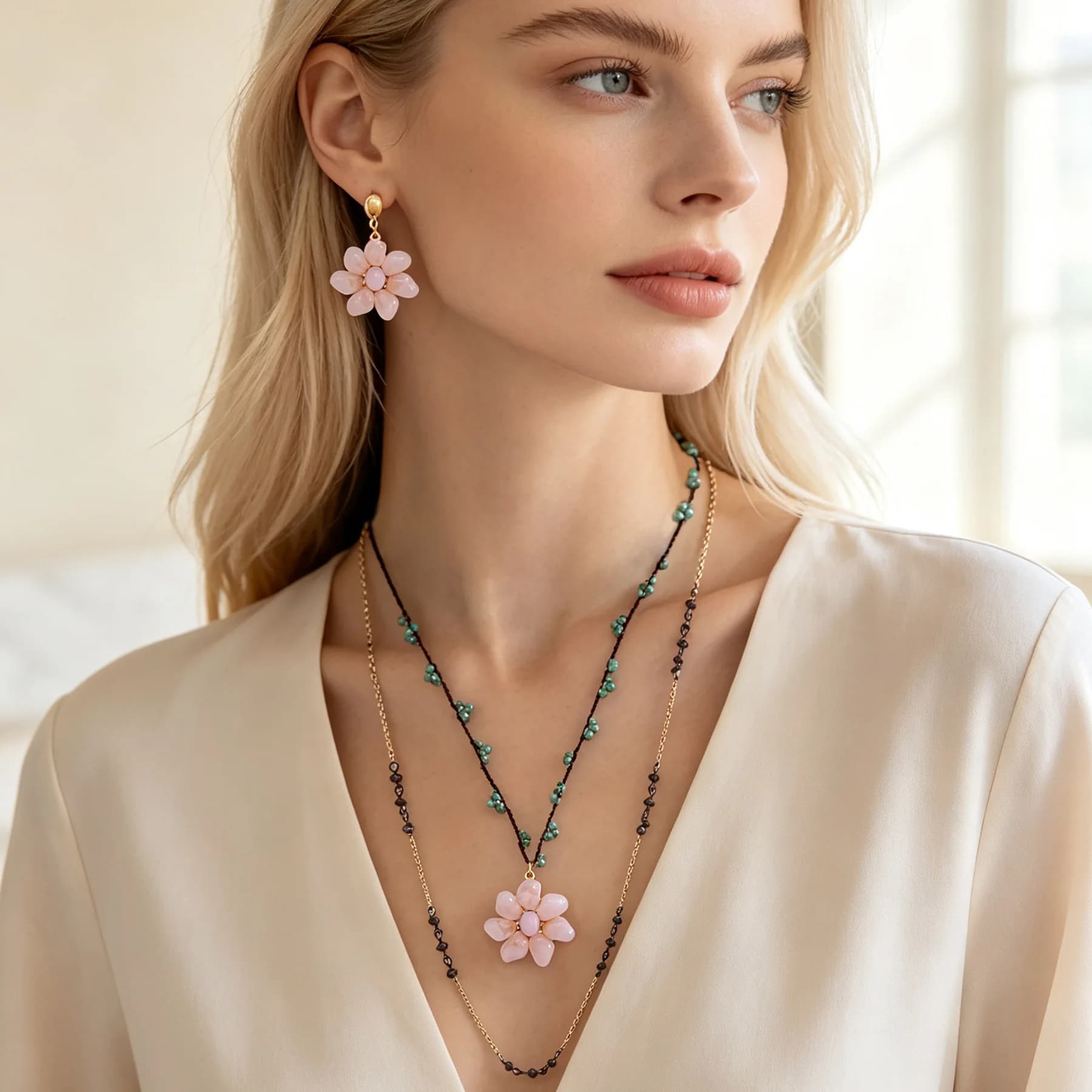 Trendy Multi Layer Pink Flower Beaded Necklace Earrings Set for Women Handmade Green Seed Bead Chain Floral Pendant Jewelry Set