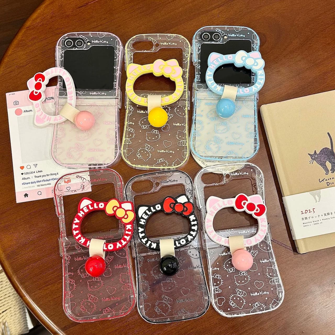 Cover Protettiva Antiurto con Anello di Supporto per Samsung Galaxy Z Flip7 6 5 4 3 con Stampa Outline di Hello Kitty