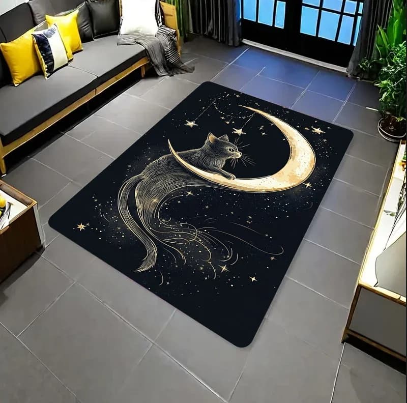 Tappeto Antiscivolo con Motivo Luna e Gatto, Tappeto con Stelle per Decorazione Camera da Letto a Tema