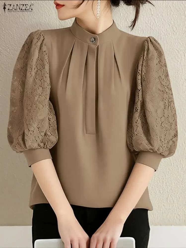 2025 ZANZEA Summer shirt patchwork in lace Office women's shirt Stylish chorean neck 3/4 sleeve Top work Tunica Chemise loose Mujer