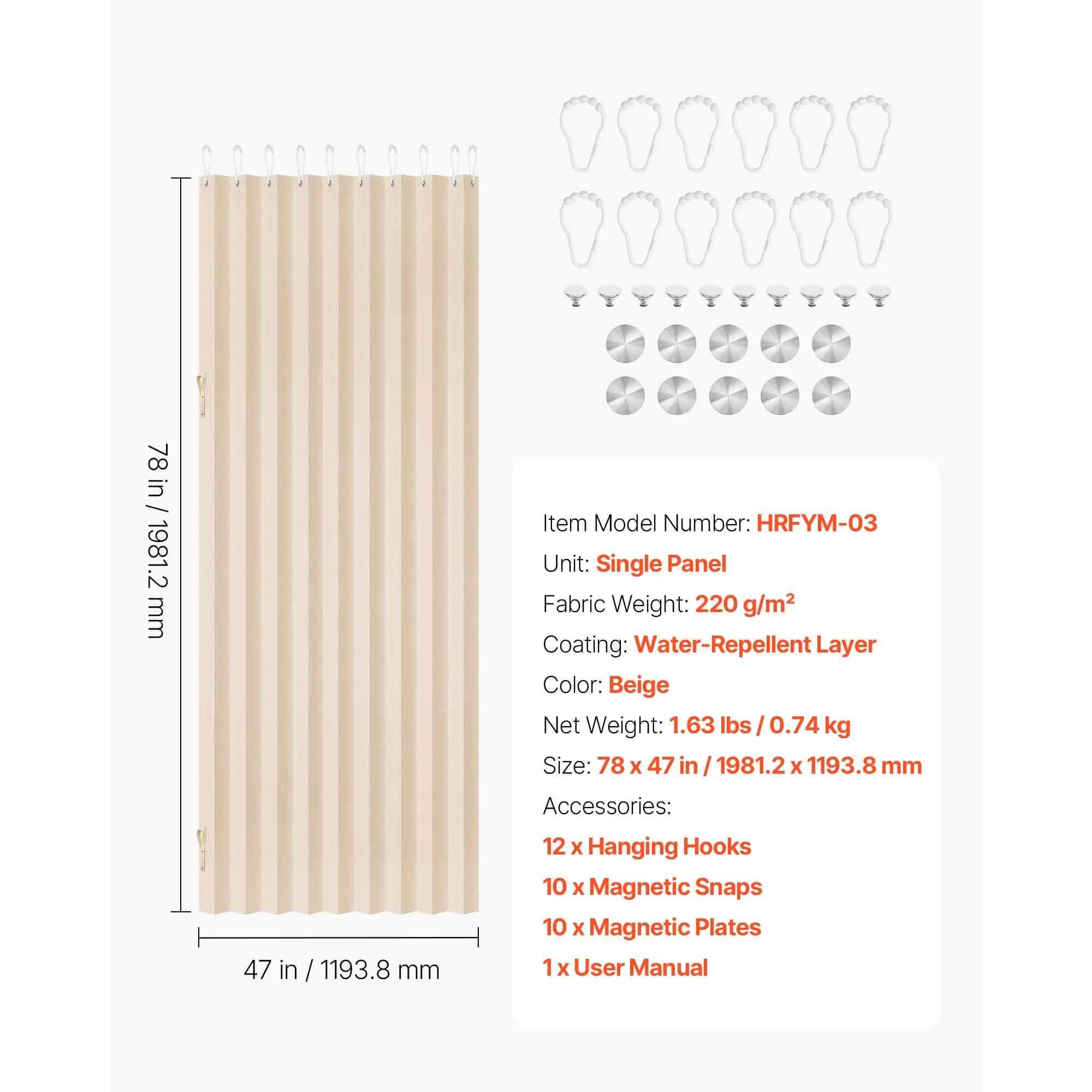Accordion Door, 47 x 78 inch, Blackout Fabric Folding Magnetic Door Curtain, with Hanging Hooks, Interior Room Divider for Doorways, Closets, Bedrooms, Bathrooms, Living Rooms, Beige, 1 Panel