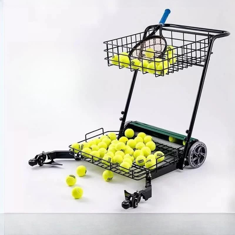 Carrello automatico per il recupero delle palline da tennis con ruote, cestello e contenitore per l'allenatore
