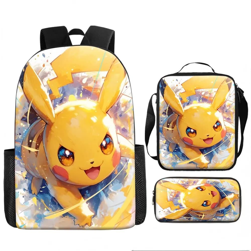 Set di 3 Zaini per Bambini Pikachu con Illustrazioni ad Acquerello, Borse Scolastiche Leggere per Bambini, Bagaglio da Viaggio con Porta Pranzo