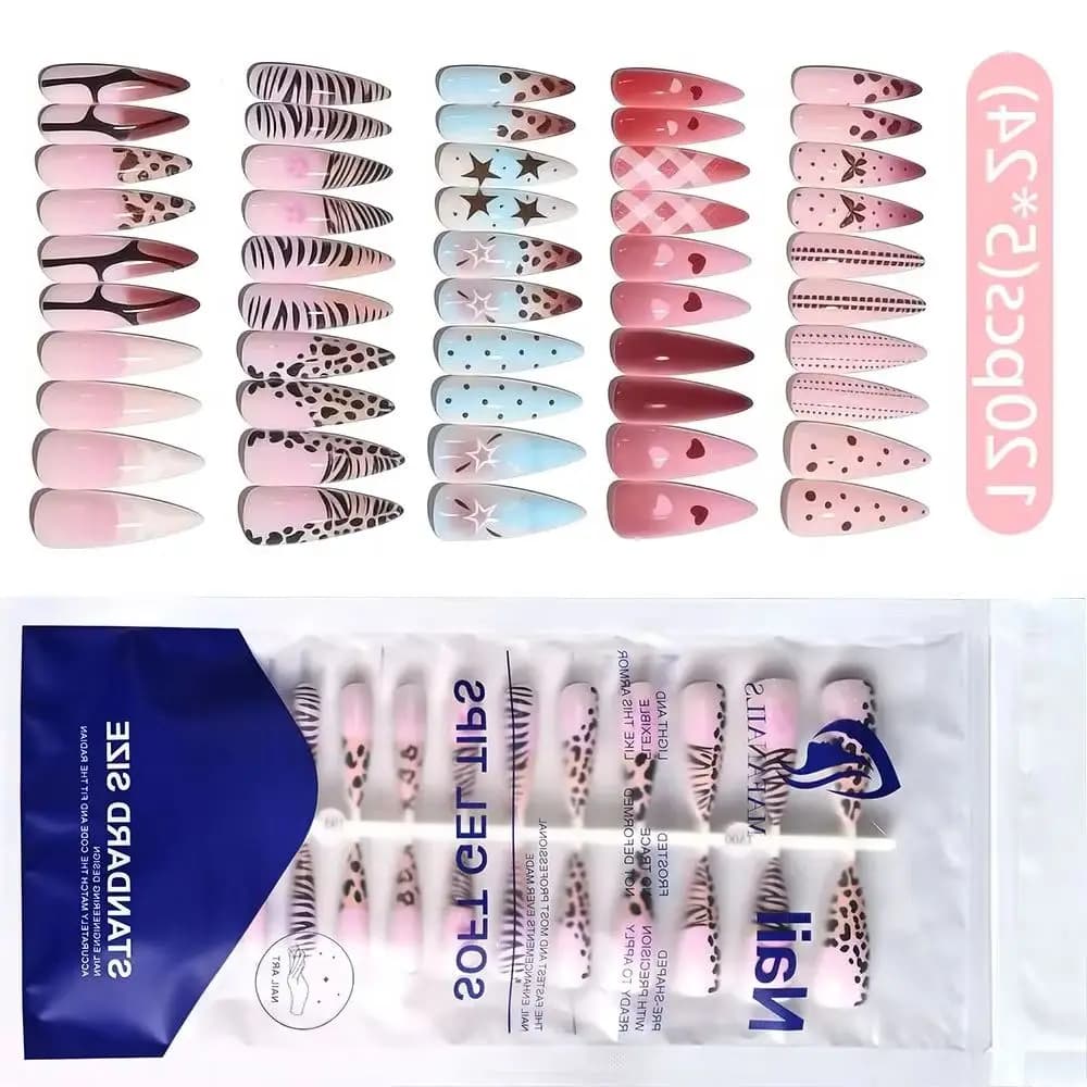 120Pcs Pre-designed Leopard Print Fake Nails Long Stiletto Soft Gel Press On Nails with Mixed Patterns Y2K Sweet Cool False Nail