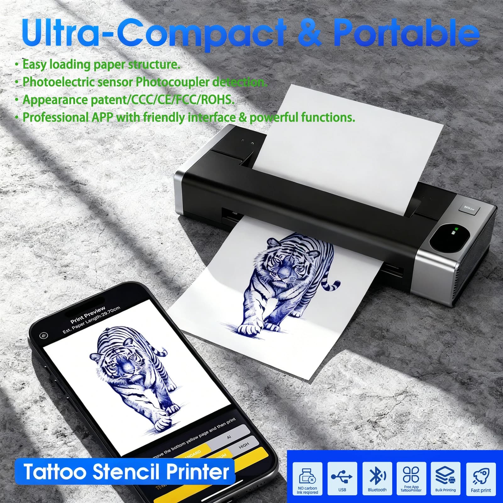 Stampante per stencil per tatuaggi Audersigt e carta da trasferimento, stampante termica wireless Bluetooth compatibile con smartphone e tablet