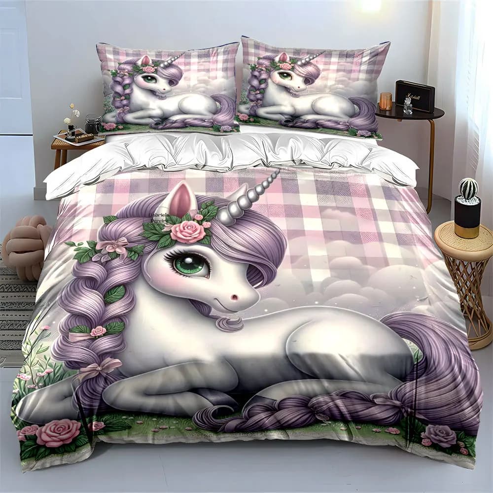 Unicorn with purple mane and flowers Print Soft Comfortable Duvet Cover Bedding Set Included 1*Duvet Cover 2*Pillowcases